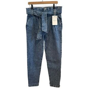 Sezane Pantalon Carotte Bleached Pleated Paper Bag Waist Belted Jeans Size 40 US